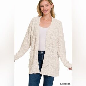 Zenana Long Sleeve Popcorn Sweater Cardigan with Pockets